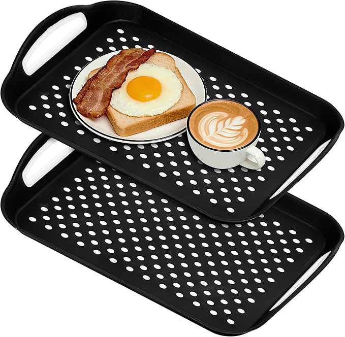 Non Slip Lap Trays with Handles, Set of 2 Food Trays for Eating on Couch, Dishwasher Safe Rectangular Serving Trays for Dinner, Breakfast & Snacks (Black)