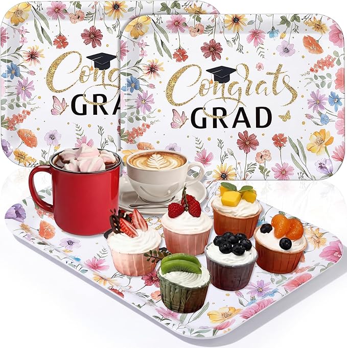 Vesici 3 Pcs Wildflower Graduation Serving Trays 13 x 10 Inch Floral Class of 2026 Congrats Grad Melamine Platters Reusable Rectangular Serving Dishes for Graduate Party Sharing Snacks Fruit Dessert
