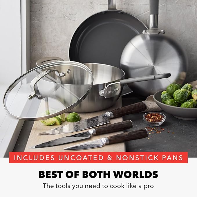 GreenPan x Bobby Flay Stainless Steel 3.75QT Saucepan with Glass Lid, 8” and 10” Frying Pan Skillet Set and 3-Piece Knife Set, Professional Grade Tri-Ply, Stainless Steel Blades, Induction Suitable