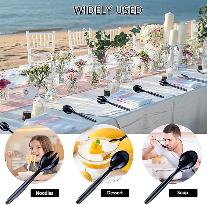 20Pcs Black Plastic Serving Spoons and Forks 10'' Large Serving Utensils Heavy Duty Disposable Spoon for Catering Supplies Buffet Restaurant Party, Weddings, Salad Noodles