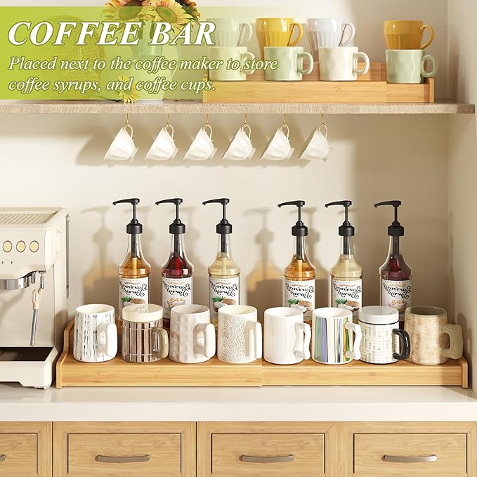 2-Tier Expandable Bamboo Mug Holder Coffee Mug Rack Organizer for Countertop, Multi-Functional Mug Display Shelf for Coffee Bar, Kitchen, and Home (15.35"~29.92")