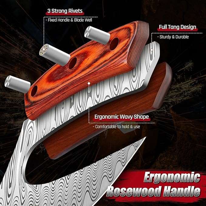 ROCOCO Pizza Cutter Ulu Knife – Full Tang Mezzaluna Rocker Chopper with Sheath for Kitchen, Camping, BBQ, Christmas Gifts Men Women