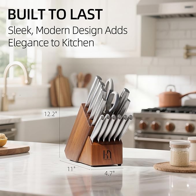 Kitchen Knife Set 14 Piece Premium Japanese High Carbon Stainless Steel Knife Block Sets with Built-in Sharpener, Razor Sharp Knives Set for Kitchen, Quality Acacia Wood Block Knife Set
