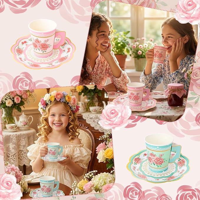 60 Sets/120 Pcs Floral Paper Tea Cups and Saucers 9 OZ Disposable Paper Tea Cups with Handle and Plates Tea Party Decorations for Birthday Wedding Garden Party Decorations