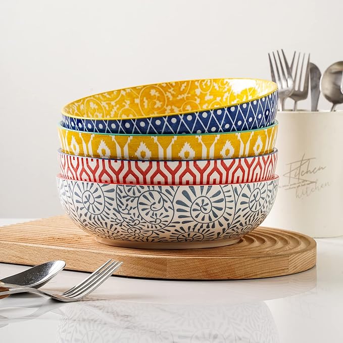 Selamica Ceramic 50 Ounce Pasta Bowls Set of 4, 8.6 Inch Large Salad Bowls, Wide and Shallow Porcelain Soup Bowls, Stackable Serving Bowls, Microwave Dishwasher Safe, Assorted Colors