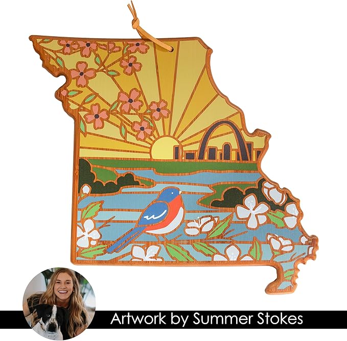 Totally Bamboo Missouri State Shaped Cutting Board and Charcuterie Serving Platter with Artwork by Summer Stokes, Includes Hang Tie for Wall Display
