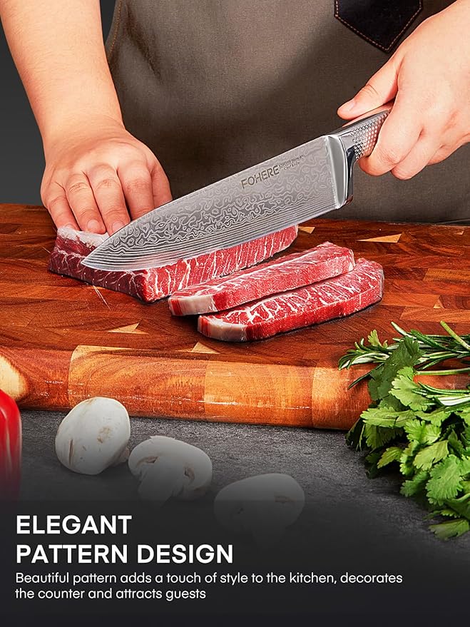 Knife Set, FOHERE 14 Pieces Kitchen Knife Set with Built-in 5 x Sharpeners, Waved Texture Knife Set with Block, Stainless Steel Knife Block Set, Sharp Knives Set with Ergonomic Handle
