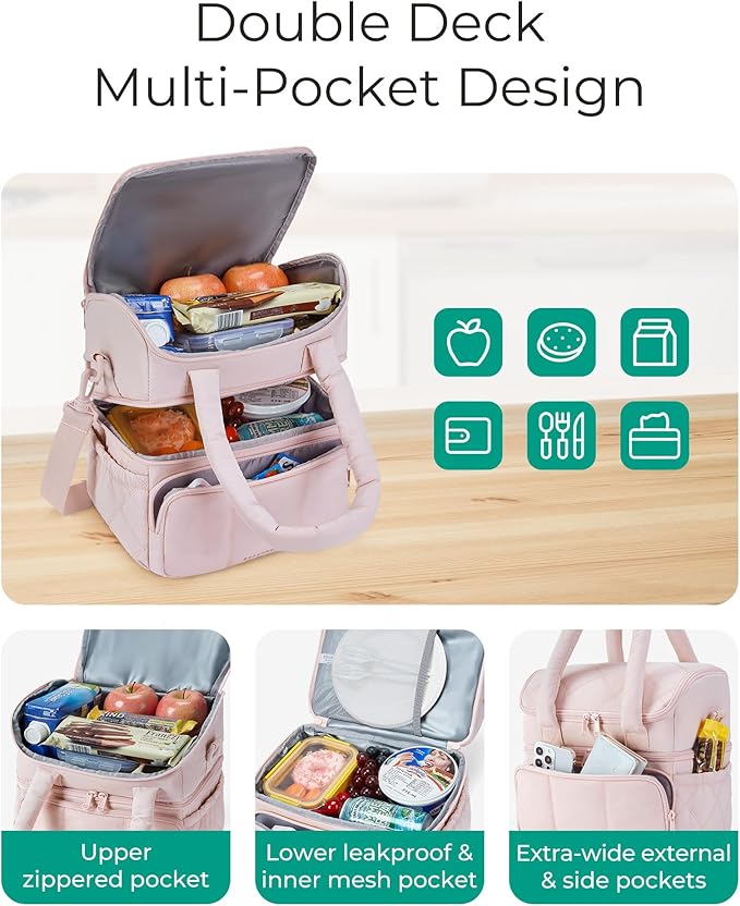 BAGSMART Lunch Bag Women, Double Deck Insulated Lunch Box, Quilted Puffer Lunch Tote, Leakproof, Durable & Reusable Large Lunch Cooler For Work Picnic Travel Meal Prep, Sage Green