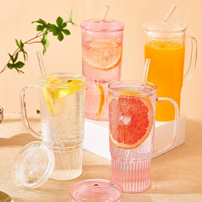 Glass Cups with Lids and Straws,24oz Glass Tumbler with Handle Iced Coffee Cup for Coffee,Juice,Tea,Milk,Smoothie,Hot & Cold Drinks (Clear)