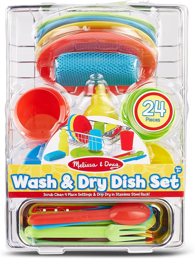 Melissa & Doug Wash and Dry Dish Set - 24 Pieces Kids Play Dishes, Play Kitchen Accessories, Toy Dishes for Kids Kitchen Ages 3+