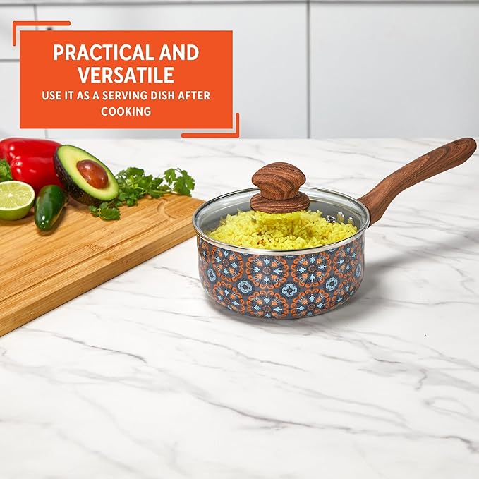 IMUSA 1.5 Quarts Talavera Nonstick Saucepan with Lid, Wood Look and Soft Touch Handle, Ceramic Coated