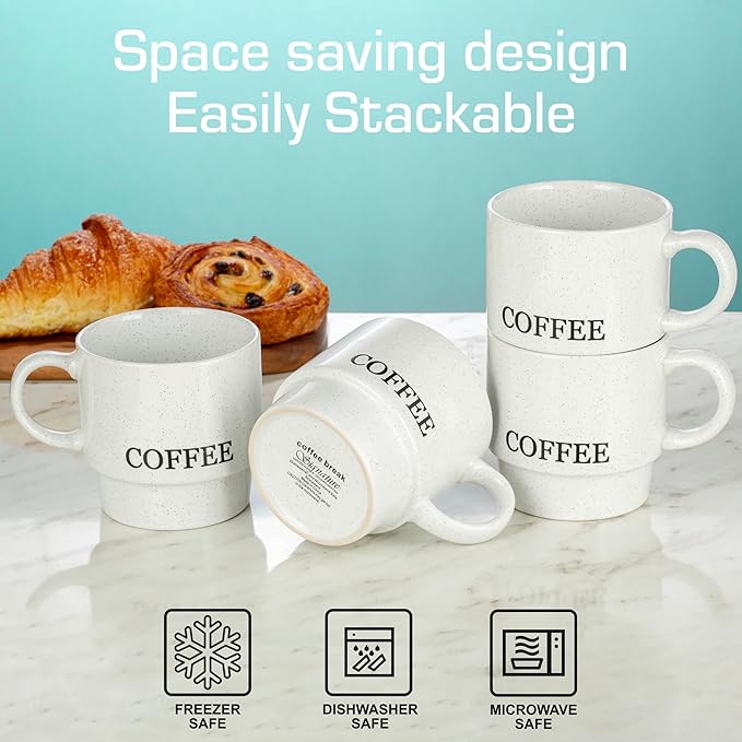 Signature Housewares Stackable Coffee Mug Tower Set with Metal Wire Rack - 15 Ounce for Tea, Cocoa, Milk, Cappuccino, Hot Chocolate Set of 4 - White Coffee (Pack of 4)