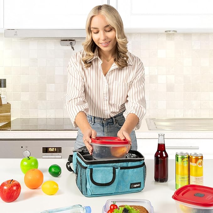 OPUX Lunch Box for Men, Adult Lunch Box Cooler, Insulated Lunch Bag Women, Dual Compartment Lunchbox for Work, Leakproof Double Decker Lunch Bag, Soft Lunch Pail Tote Boys Girls Kids School, Teal Blue