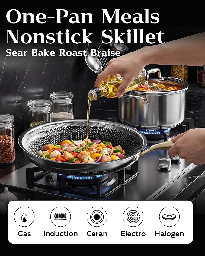 Honeycomb Stainless Steel Nonstick Frying Pan with Lid Set, Induction Cooktop Compatible Skillet, PFOA-Free Scratch-Proof, Dishwasher & Oven Safe, Gold Kitchen Cookware