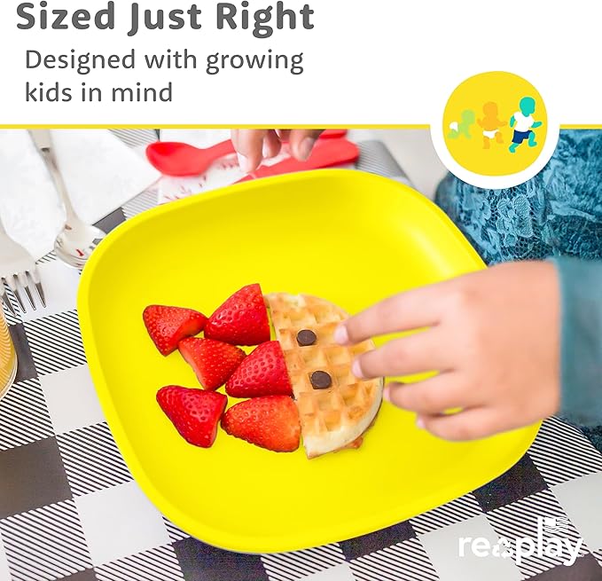 Re-Play Toddler Plates - 22 Oz. Deep-Walled Flat Kids Plates with 1 Lid - Dishwasher & Microwave Safe - Made in USA - Set of 3-7.37" x 7.37" x 1.25" - Preschool