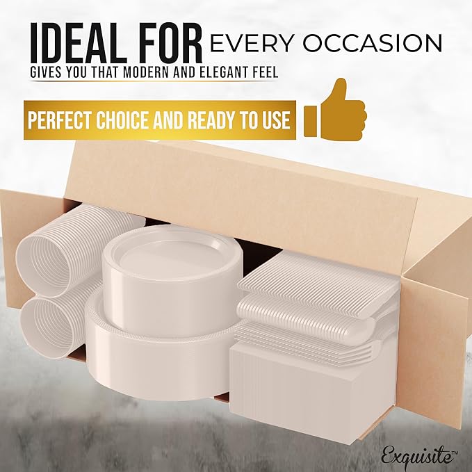 350 Pcs Ivory Plastic Plates For Party, Ivory Disposable Plates Set, 50 Of Each 9" Dinner Plate Set, 7" Dessert Plate, Cups, Napkins & Cutlery Plastic Dinnerware Set Exquisite