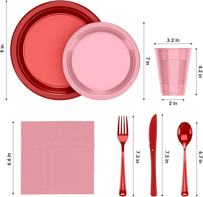 Party Solids 350 Pieces Valentines Plastic Plates For Party, Valentines Disposable Plates Set, 50 Of Each 9" Dinner Plate Set, 7" Dessert Plate, Cups, Napkins & Cutlery Plastic Dinnerware Set
