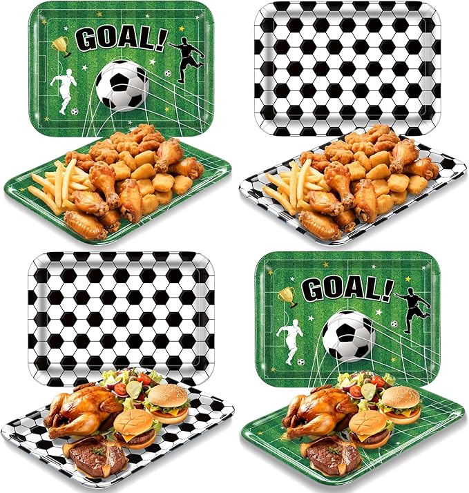 Vesici 4 Pack Soccer Melamine Serving Trays, 13 x 10 in Rectangular Serving Platters with Goal Field & Ball Pattern, Reusable Snack Appetizer Dessert Trays for Game Day Parties, Easy Clean
