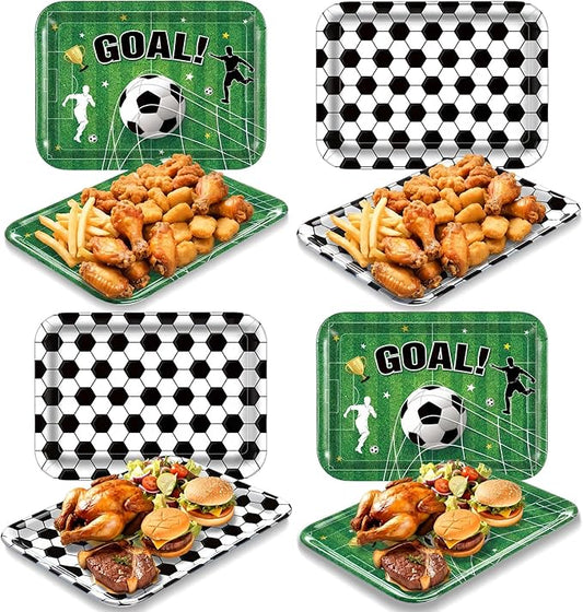 Vesici 4 Pack Soccer Melamine Serving Trays, 13 x 10 in Rectangular Serving Platters with Goal Field & Ball Pattern, Reusable Snack Appetizer Dessert Trays for Game Day Parties, Easy Clean