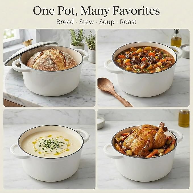 7QT Enameled Cast Iron Dutch Oven Pot with Lid,Heavy-Duty Cookware for Sourdough Bread Baking,Braising,Stews,Roasting,Oven Safe up to 500°F,cream
