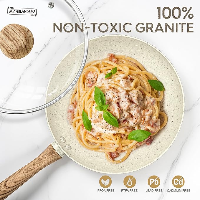 MICHELANGELO Frying Pan with Lid, 10 Inch Frying Pan with Nonstick Granite Coatings, Nonstick Frying Pans, Healthy & Non-Toxic Skillet, Granite Frying Pans 10 Inch, Induction Compatible