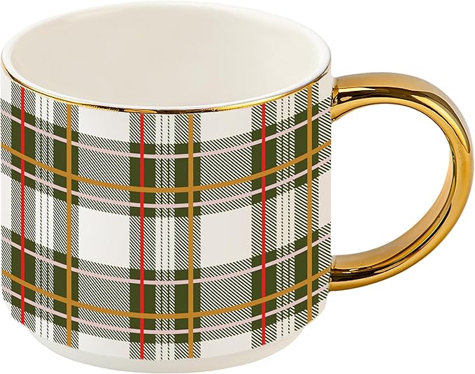 Sweet Water Decor Green Plaid Coffee Mug, 14oz China Christmas Mug with Gold Handle, Large Holiday Winter Cup for Coffee, Tea & Hot Chocolate, Stocking Stuffer Gifts for Women