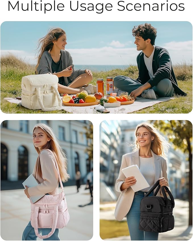 BAGSMART Lunch Bag Women, Double Deck Insulated Lunch Box, Quilted Puffer Lunch Tote, Leakproof, Durable & Reusable Large Lunch Cooler For Work Picnic Travel Meal Prep, Leopard