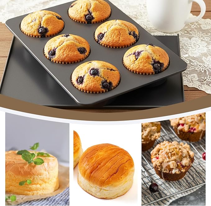 6 Cup Straight Side Jumbo English Muffin Cupcake Pan with Lid, Nonstick Hamburger Bun Pan, Nonstick Baking Tin Tray Mold for Baking Burger Buns Roll Focaccia Quiche Pancake