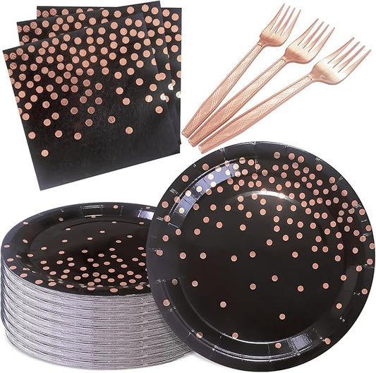 Serve 35 Guests Black and Rose Gold Party Supplies,7 Inch Black and Rose Gold Paper Plates and Napkins for Wedding Birthday,Retirement,Father's Day