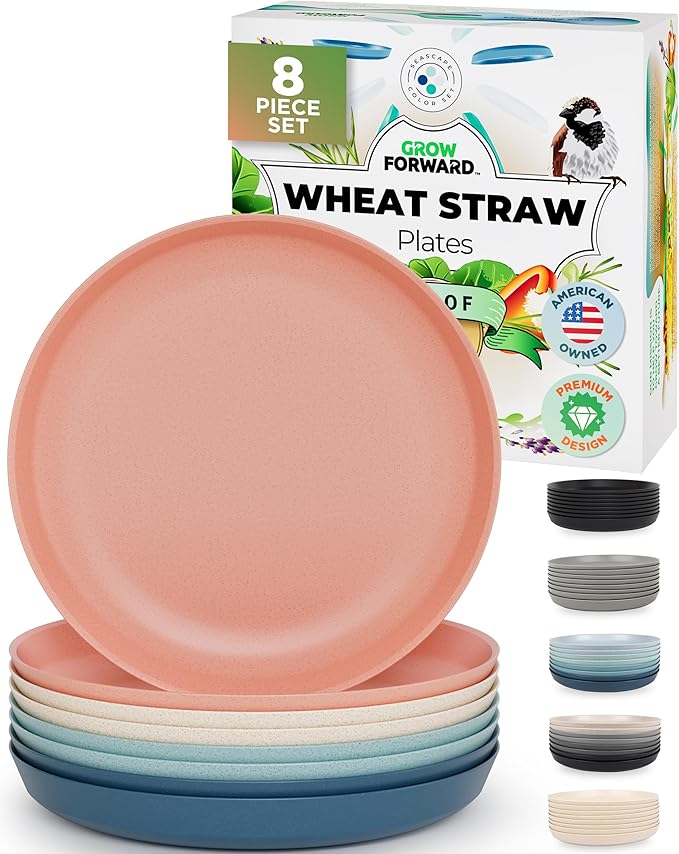 Grow Forward Premium Wheat Straw Plates - 10 Inch Reusable Hard Plastic Dinner Plates Set of 8 - Unbreakable Microwave Safe Plates for Dessert, Camping, RV, Outdoors, Patio, Kitchen Dishes - Tropical