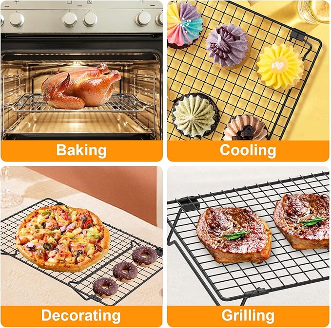16.85" × 11" Stackable Cupcakes Cooling Racks – 2-Pack Nonstick Carbon Steel Baking Racks with Collapsible Legs, Perfect for Cooking, Roasting, Grilling, Drying & Cooling Cookies
