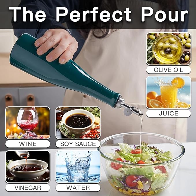 YOLIFE Olive Oil Dispenser Bottle, 16oz Ceramic Oil Dispenser for Kitchen, Oil Bottle with Gravity Spout, Leak Proof EVOO Dispensing Bottle with 2 Spouts and 1 Funnel for Vinegar, Juice(Green)