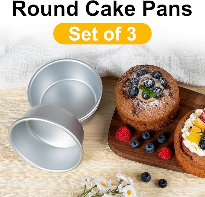 4 Inch Cake Pan, Anodized Aluminum Baking Round Cake Pans Tins Bakeware, Mini Cake Pans for Birthday Wedding, Mirror Finish, Easy Releasing, Set of 3