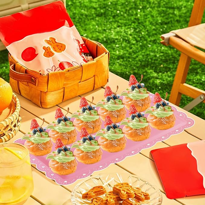 Set of 6 Plastic Serving Trays Food Tray - 14" x 9" Rectangle Serving Platter for Party Cafeteria Kitchen Restaurant , Small Flat Trays for Dessert Fruit Cookie Snack (6, Pink)