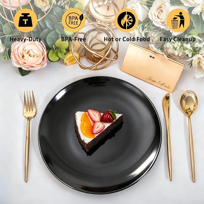 I00000 200 PCS Black Plastic Plates for 100 Guests Include: 10.25 inch 100 Pieces Dinner Plate and 7.5 inch 100 Pieces Dessert Plate, Premium Plastic Plates Perfect for Birthday, Wedding & Party