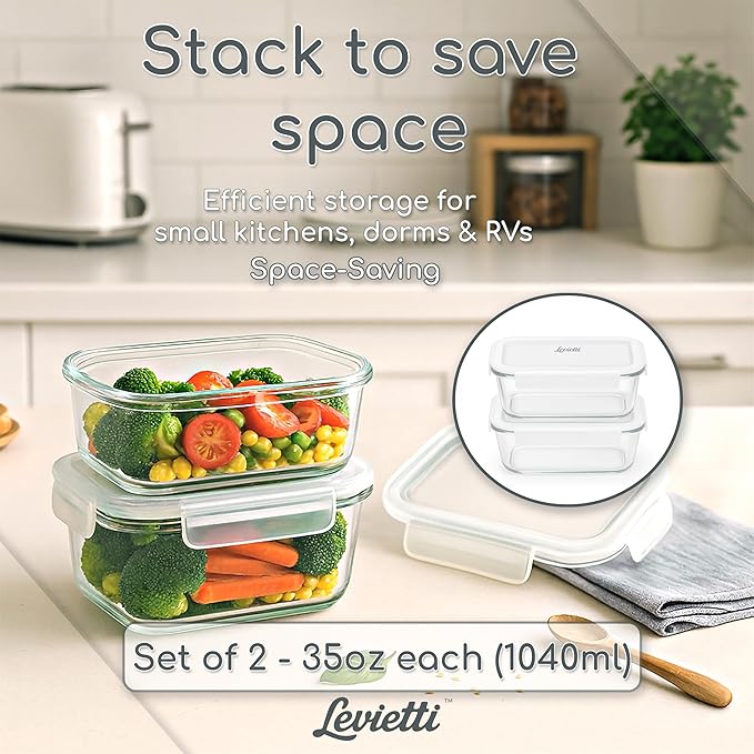 Levietti 2-Pack Borosilicate Glass Containers with Lids 35oz (1040ml) Airtight Leakproof Glass Food Storage for Leak-Free Fresh Meals, Leftovers, BPA-Free Locking Clips - Oven/Microwave/Freezer Safe