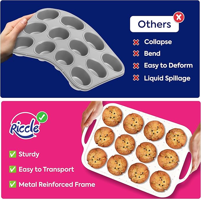 RICCLE Silicone Muffin Pans for Baking with Metal Reinforced Frame, 12-Cup Cupcake Pan, 2 Pcs Muffin Trays for Cupcake Baking, Tray Molds, Oven & Dishwasher Safe, BPA-Free