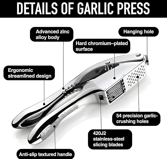 3 in1 Garlic Press Stainless Steel – Heavy Duty Garlic Crusher & Mincer with Cleaning Tool, Ergonomic Easy Squeeze Handle, Rust-Proof Dishwasher Safe Garlic Mincer for Kitchen