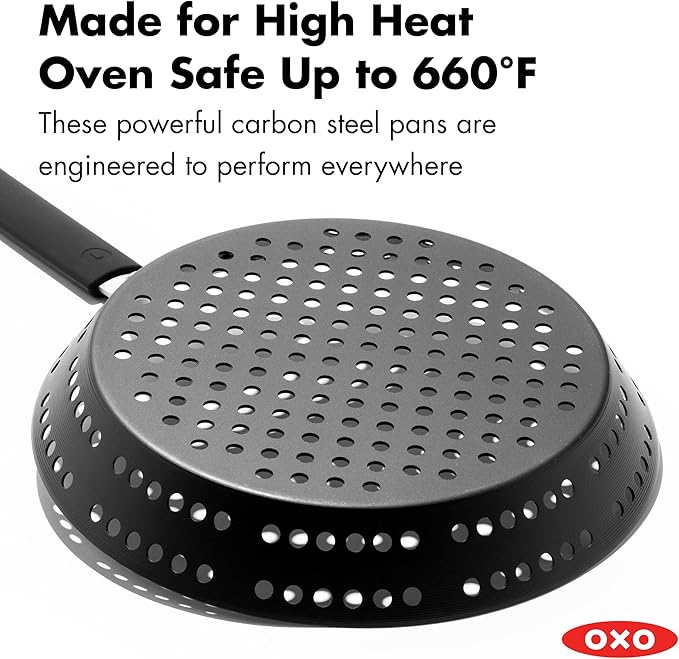 OXO Obsidian Pre-Seasoned Carbon Steel, 12" Frying Pan Skillet with Holes for Grilling with Removable Silicone Handle Holder, Induction, Oven Safe, Black
