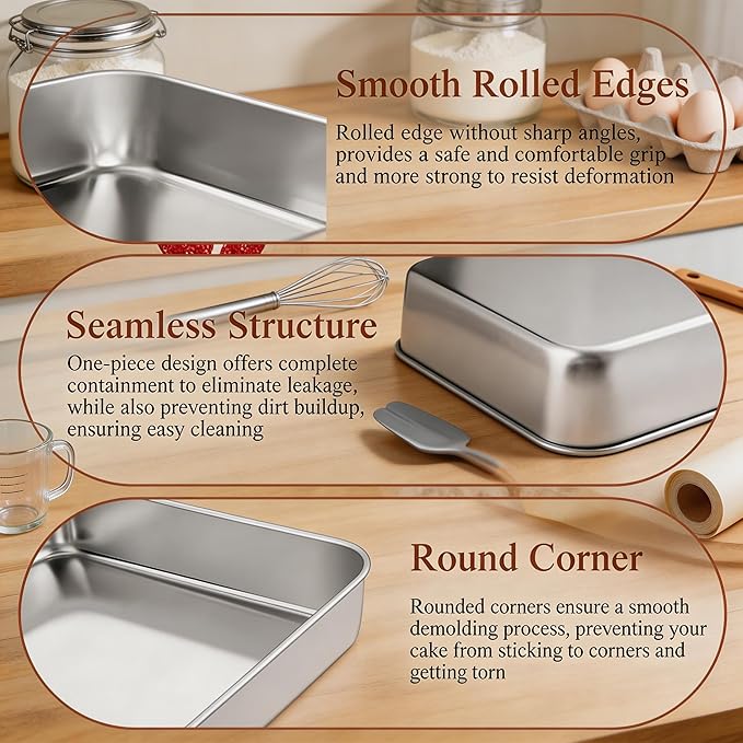 LIANYU Rectangle Baking Pan Set of 3, 12⅓ x 9¾ x 2 Inch Cake Lasagna Pan, Stainless Steel Toaster Oven Bakeware for Casseroles Brownies, Oven & Dishwasher Safe