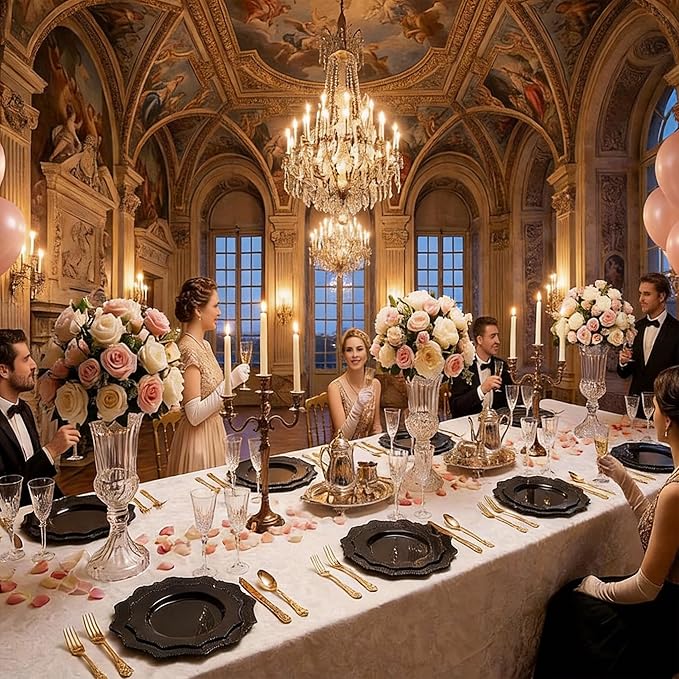 COLOSUS Black Plastic Plates Set,Heavy Duty Black Disposable Plates for 30 guests,Include 30PCS 10.5inch Dinner Plates and 30PCS 8.25 inch Dessert Plates for Party/Wedding/Birthday