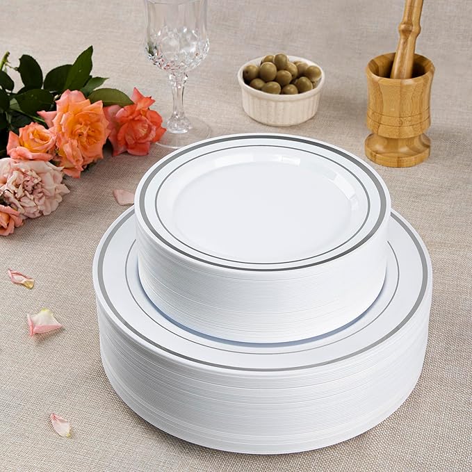 SETUP Case of 300 White Silver-Rimmed Plastic Plates - Premium Heavy-Duty Disposable Combo for Weddings and Parties - 150 10.25" Dinner and 150 7.5" Salad Plates