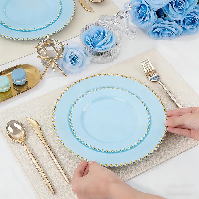 EI 60pcs Blue Plastic Plates,Dispoable Heavy Duty Plastic Plates with Gold Rim,Baby Blue 10" Dinner & 7" Dessert Plate,Fancy Elegant Plate for Party,Birthday,Afternoon Tea