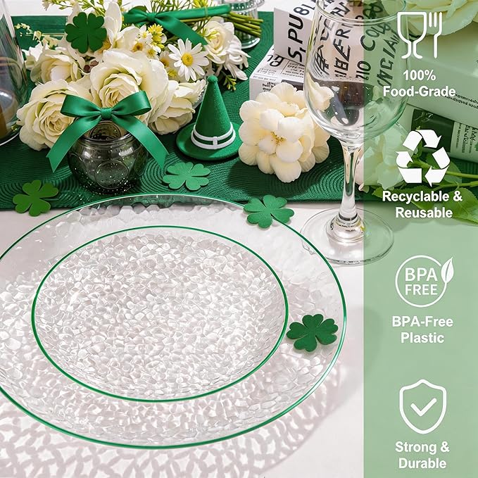 Rubtlamp 60Pcs Easter Plastic Plates Plates, Clear Plastic Disposable Plates With Green Rim, Green Heavy Duty Fancy Hammered Party Plate Include 30 Dinner Platos,30 Salad Platos for Party Spring