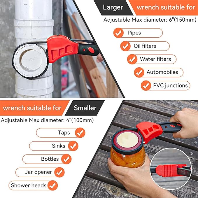 2-Pack Adjustable Rubber Strap Wrench Set – 25.20" & 20.48" Heavy-Duty Strap Wrench for Oil Filter, Jar Opener, Water Filter, Plumbing, Sink, Faucet – Non-Slip Multipurpose Wrench Tool (Red)
