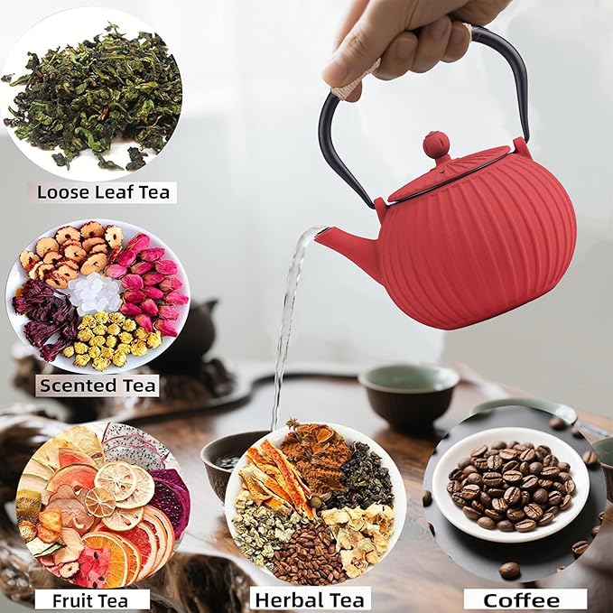 Cast Iron Teapot - Japanese Tetsubin 34oz (1000ml) Enamel Coated Interior with Removable Stainless Steel Infuser, Stovetop Safe Tea Kettle for Tea Ceremony, Red