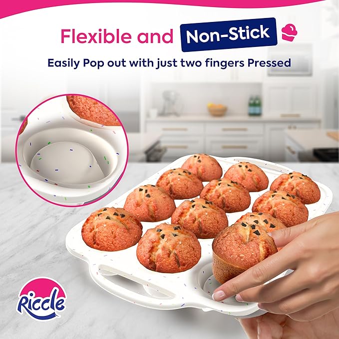 RICCLE Silicone Muffin Pans for Baking with Metal Reinforced Frame, 12-Cup Cupcake Pan, 2 Pcs Muffin Trays for Cupcake Baking, Tray Molds, Oven & Dishwasher Safe, BPA-Free