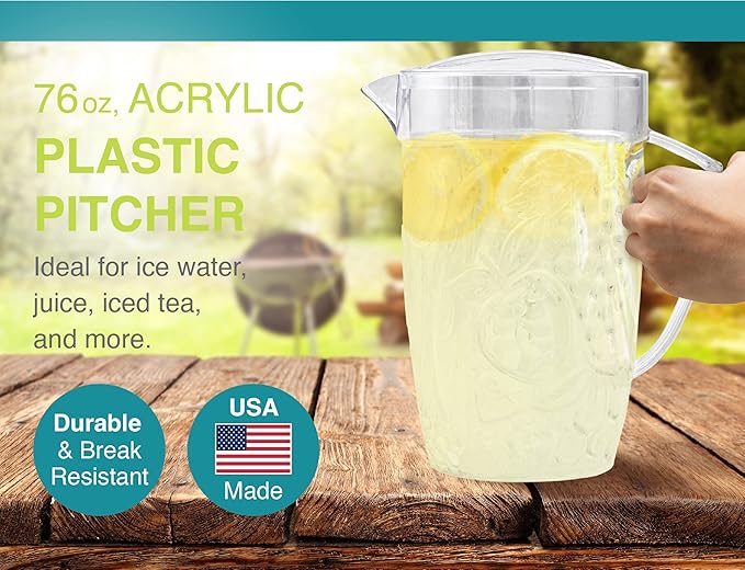 Arrow Home Products Clear Plastic Beverage Pitcher with Lid, 76 Ounce - Thick-Walled Fruit Design, Made in the USA - Fill with Ice Water, Iced Tea or Juice - BPA Free, Dishwasher Safe