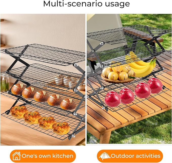 4-Tier Collapsible Cooling Rack with Adjustable 3 Setting, Wire Cooling Roasting Cooking Baking Drying Rack for Cookies Bread (Black-4 Tier)