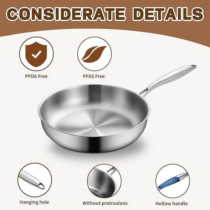 GOLDEN KEY 12 Inch Tri-Ply Stainless Steel Frying Pan with Lid - PFOA/PTFE-Free, Even Heating, All Cooktop Compatible, Oven Safe 500°F, Dishwasher Safe for Searing, Sauteing, Roasting & Frying